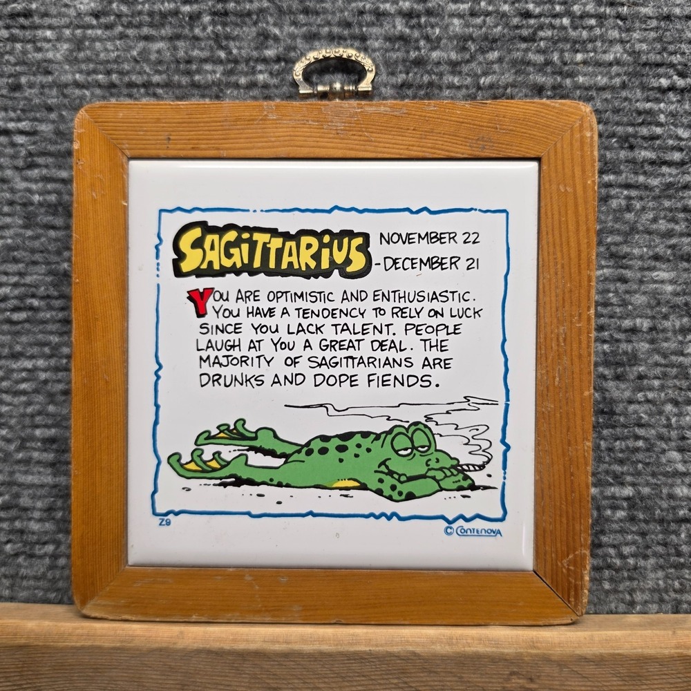 Vintage Contenova Sagittarius Frog Zodiac Ceramic Tile Plaque Wood Framed Wall A